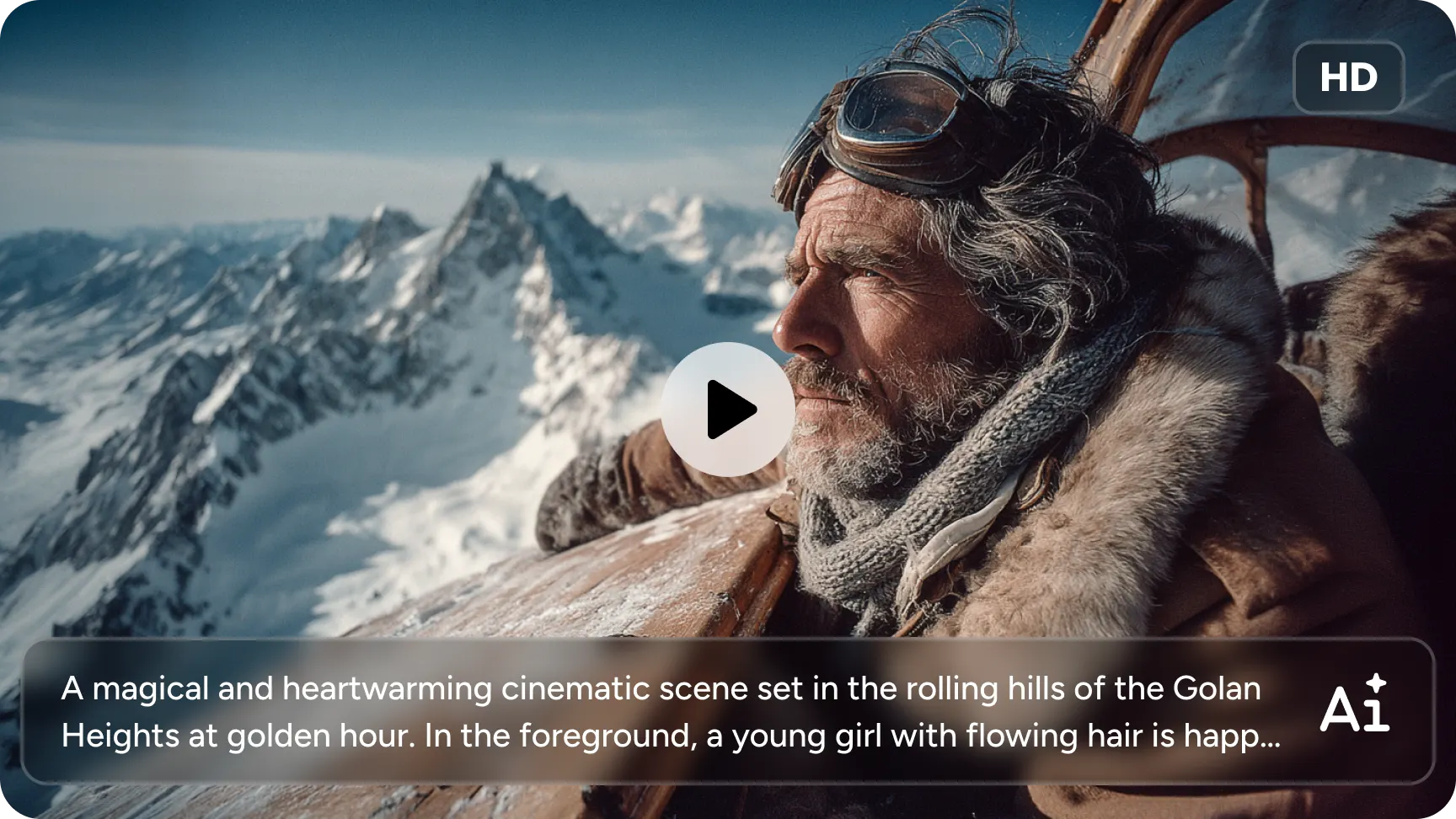 an ai-generated cinematic movie clip showing an old man wearing snow goggles driving on a snowy mountain